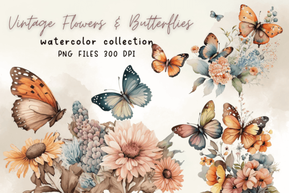 Download Vintage Flowers &amp; Butterflies Watercolor - Vintage flowers Collection