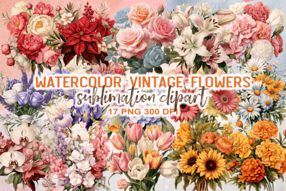Download Vintage Flowers Watercolor Clipart - Vintage flowers Collection